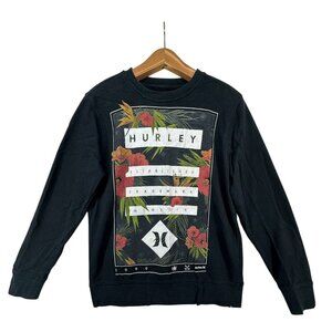 Vintage Hurley Womens Sweatshirt Sz S Black Tropical Aloha Floral Spell Out Logo